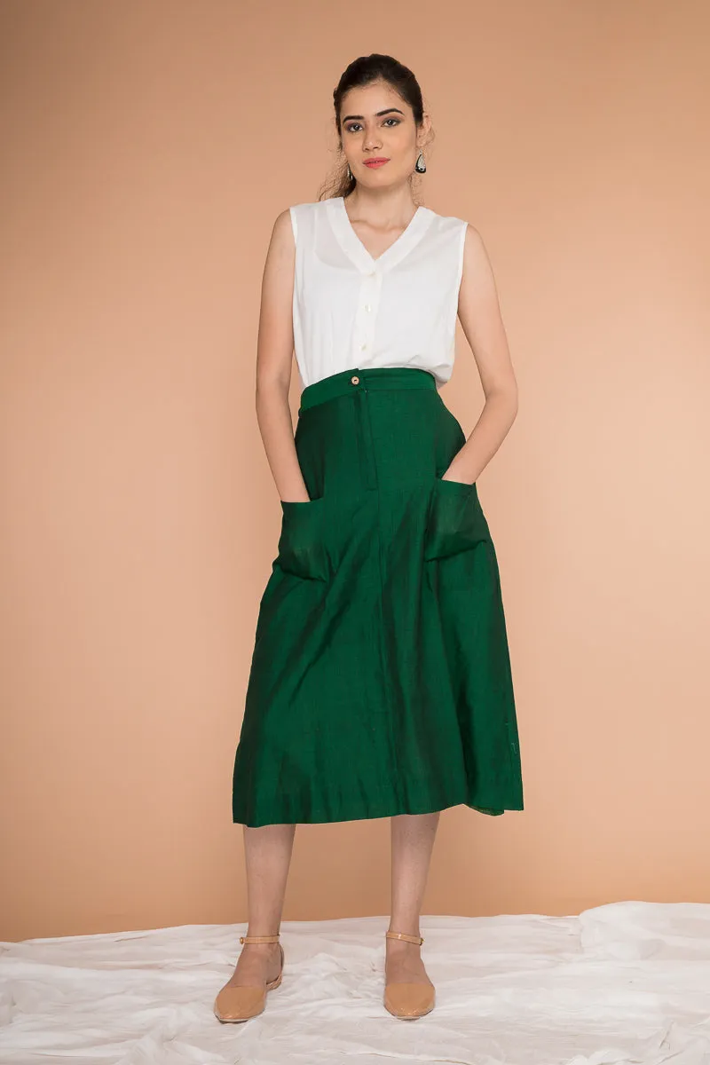 A-line skirt in handwoven Sambalpur cotton in Dark forest green