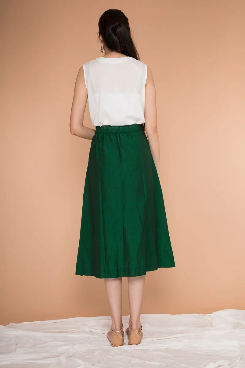 A-line skirt in handwoven Sambalpur cotton in Dark forest green