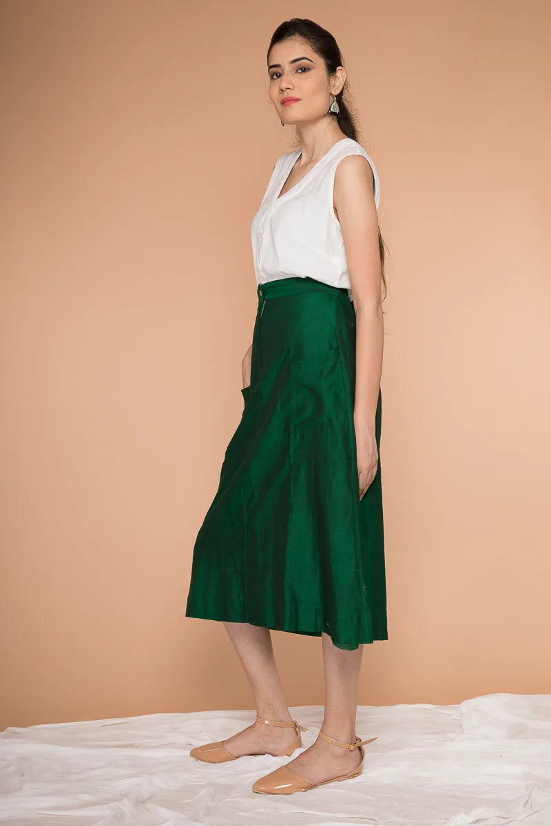 A-line skirt in handwoven Sambalpur cotton in Dark forest green