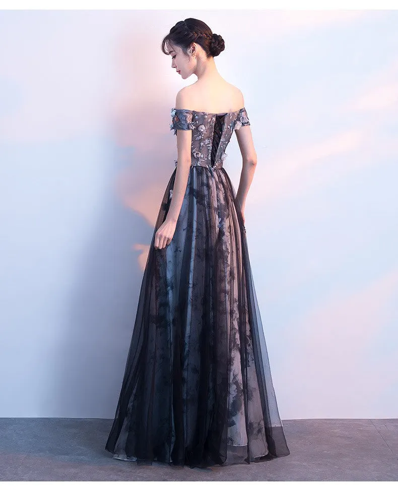 Beautiful Off Shoulder A-line Tulle with Floral Lace Applique, Long Evening Dress