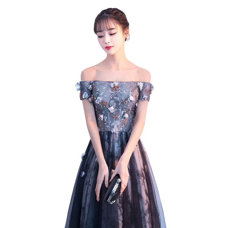 Beautiful Off Shoulder A-line Tulle with Floral Lace Applique, Long Evening Dress
