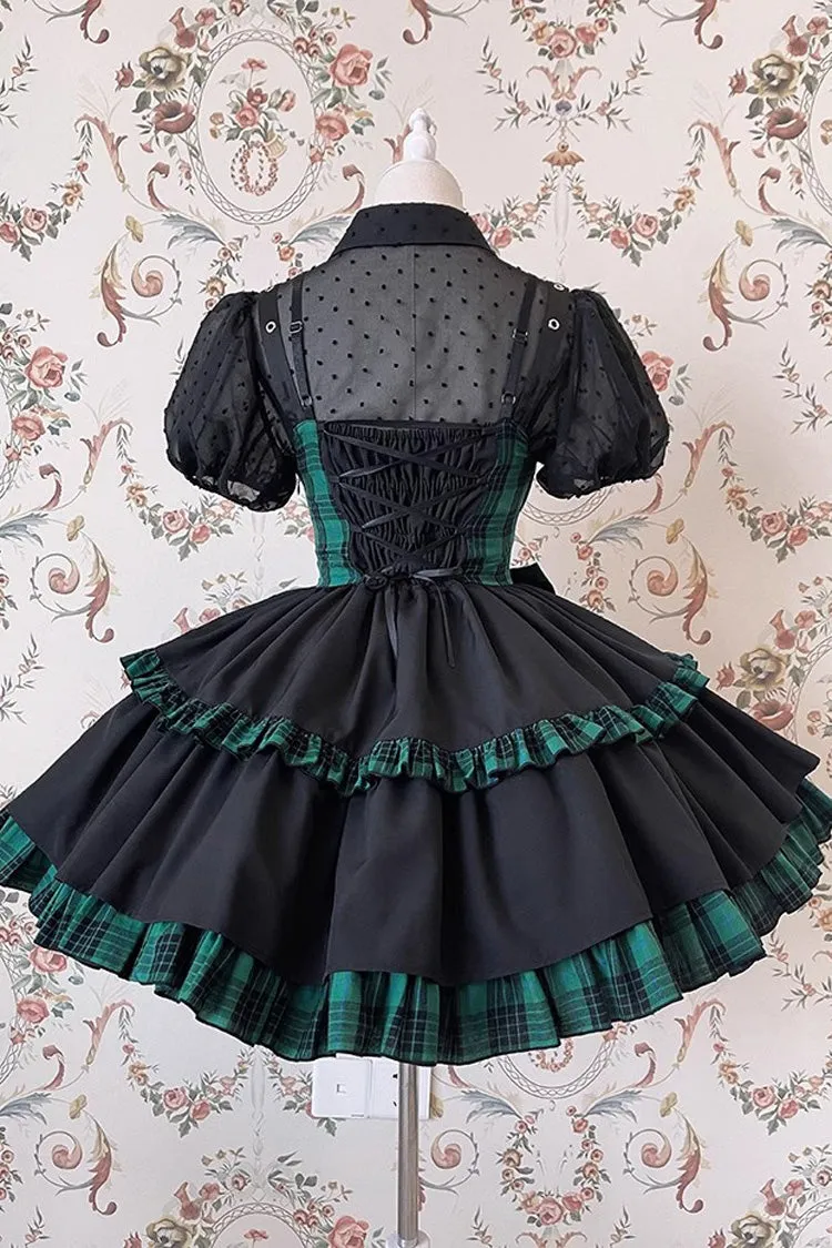 Black/Green Sleeveless Multi-layer Ruffle Bowknot Gothic Lolita Jsk Dress