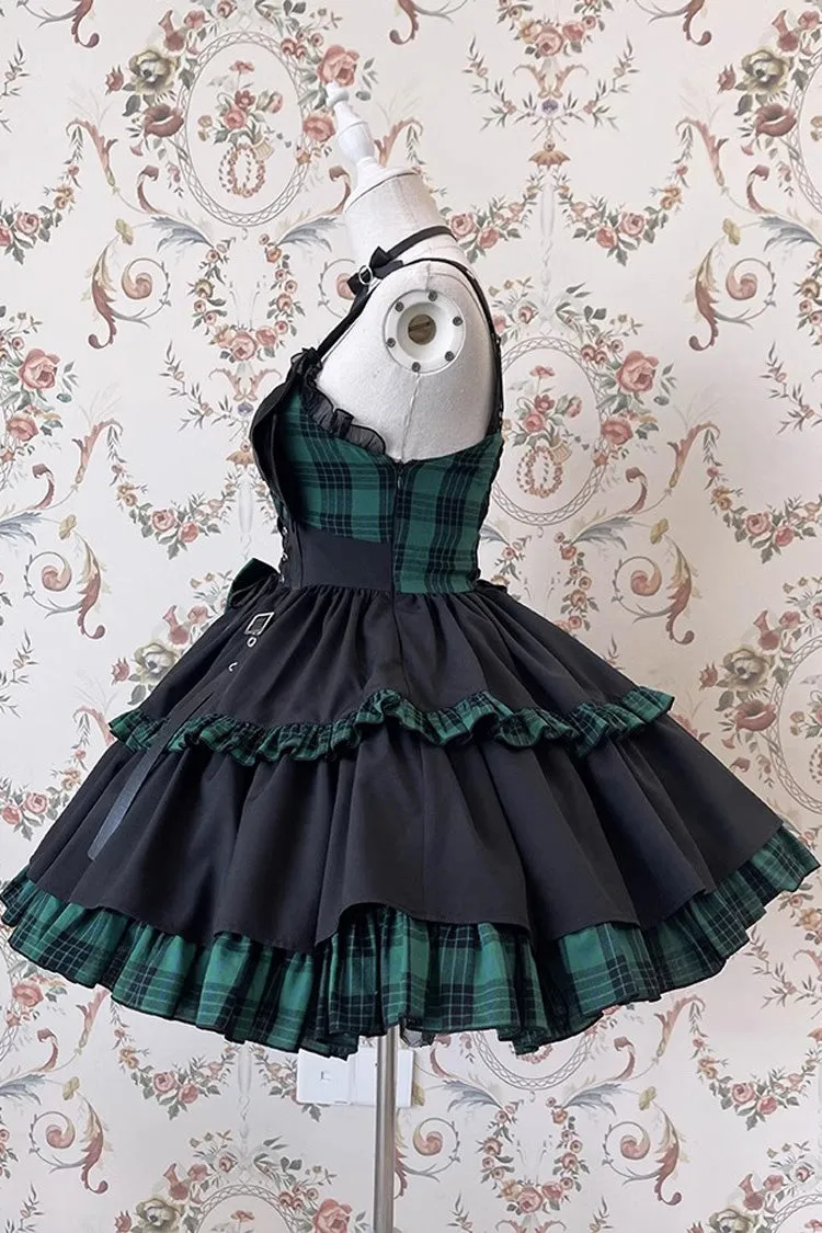 Black/Green Sleeveless Multi-layer Ruffle Bowknot Gothic Lolita Jsk Dress