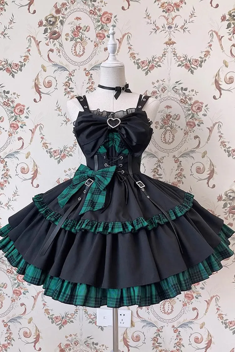 Black/Green Sleeveless Multi-layer Ruffle Bowknot Gothic Lolita Jsk Dress