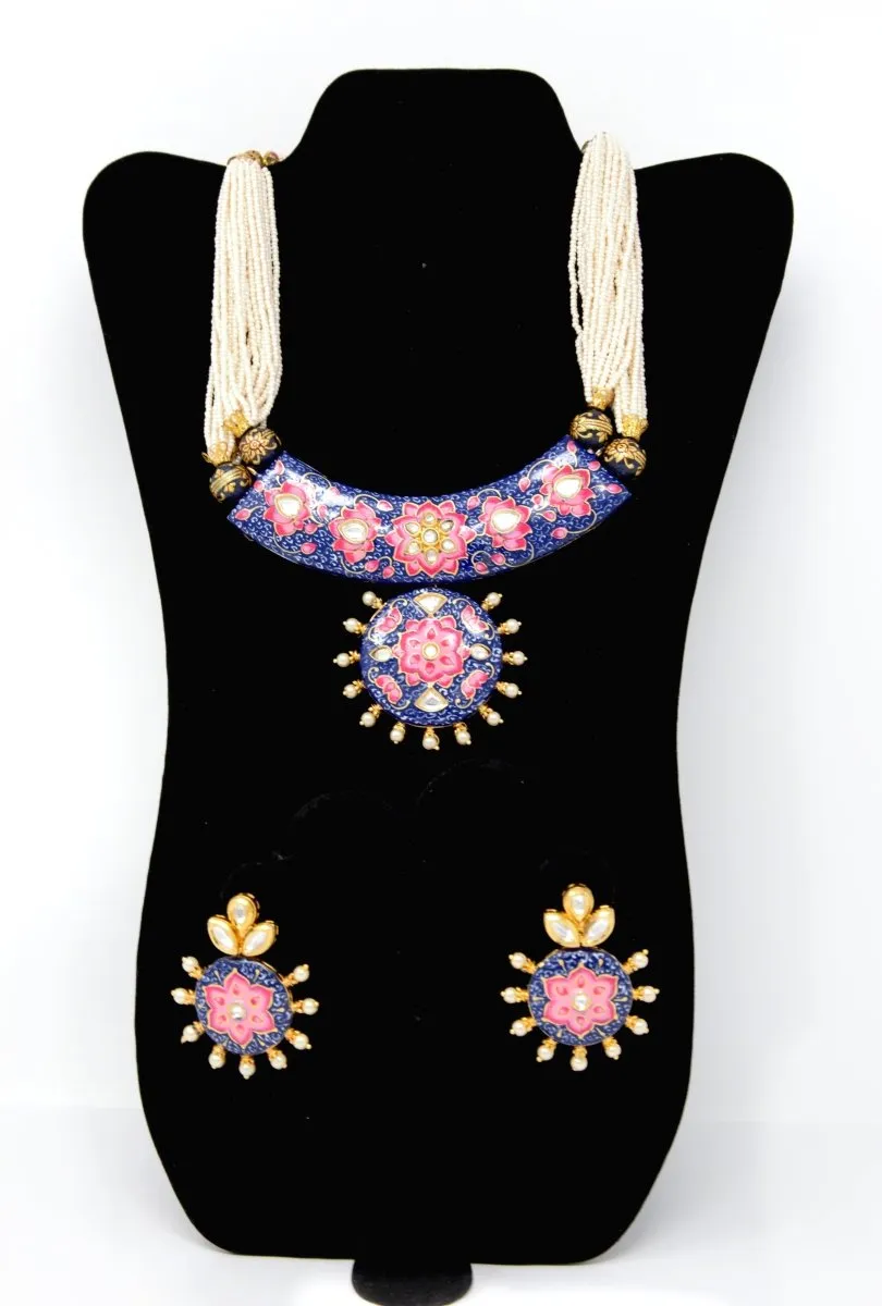 Blue Meenakari Gold Necklace Set Having Multi-layered Beads with Earrings