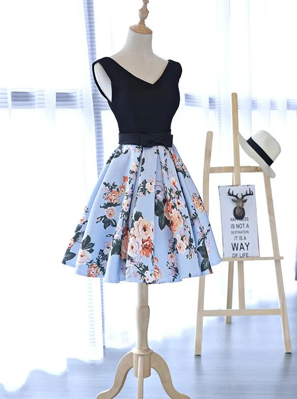 Cute Blue Floral and Black Satin Homecoming Dresses in Stock, Lovely Party Dresses for Teens