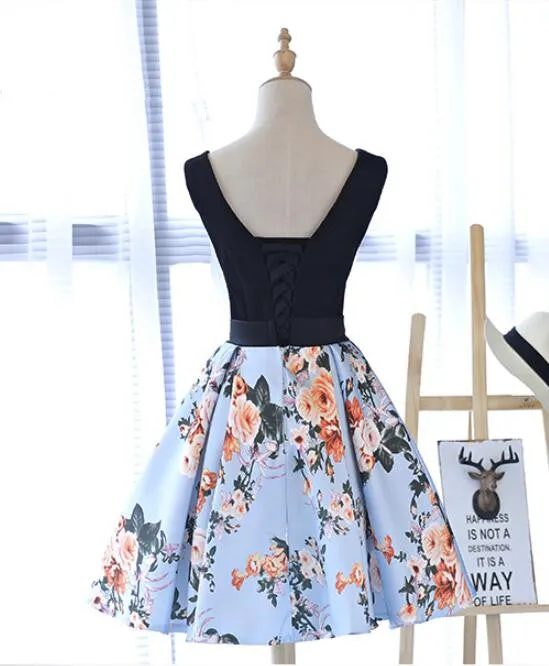 Cute Blue Floral and Black Satin Homecoming Dresses in Stock, Lovely Party Dresses for Teens