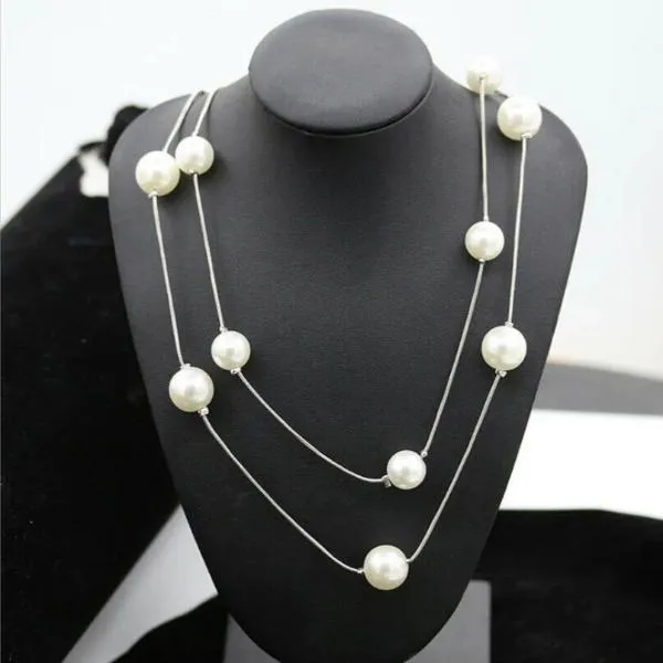Faux Pearl Multi-layer Long Silver Necklace