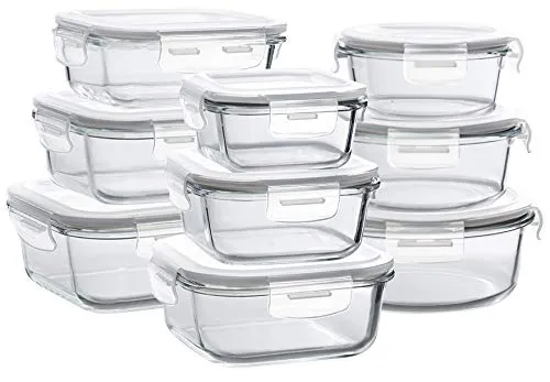 Glass Storage Containers with Lids, 9 Sets Glass Meal Prep Containers Airtight, Glass Food Storage Containers, Glass Containers for Food Storage with Lids - BPA-Free & FDA Approved & Leak Proof