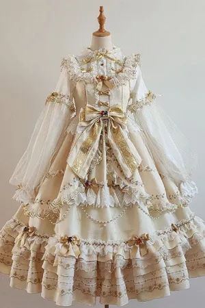 Gold Hanayome Bowknot Princess Multi-Layer Ruffled Sweet Lolita JSK Dress