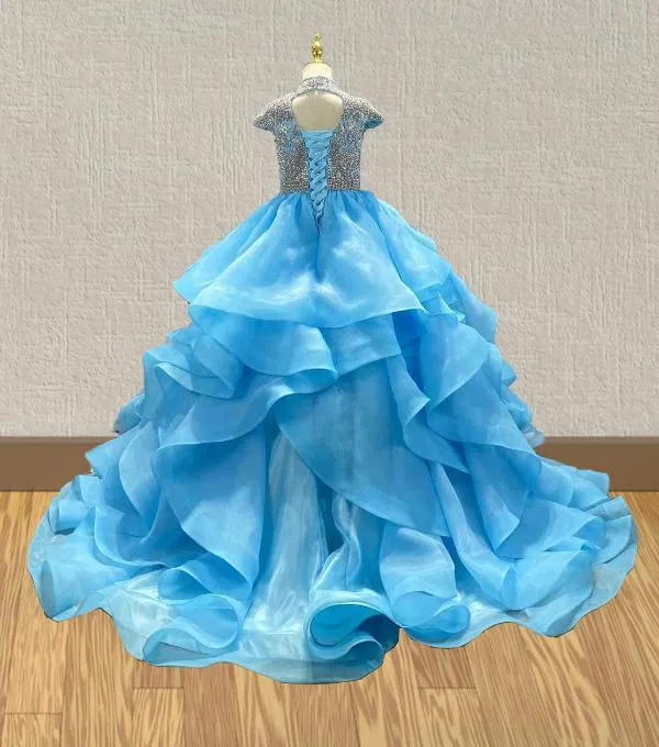 Ice Blue Little Girls Prom Couture with Beaded Bodice