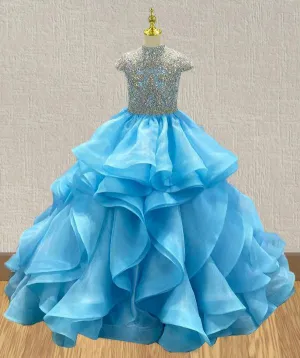 Ice Blue Little Girls Prom Couture with Beaded Bodice