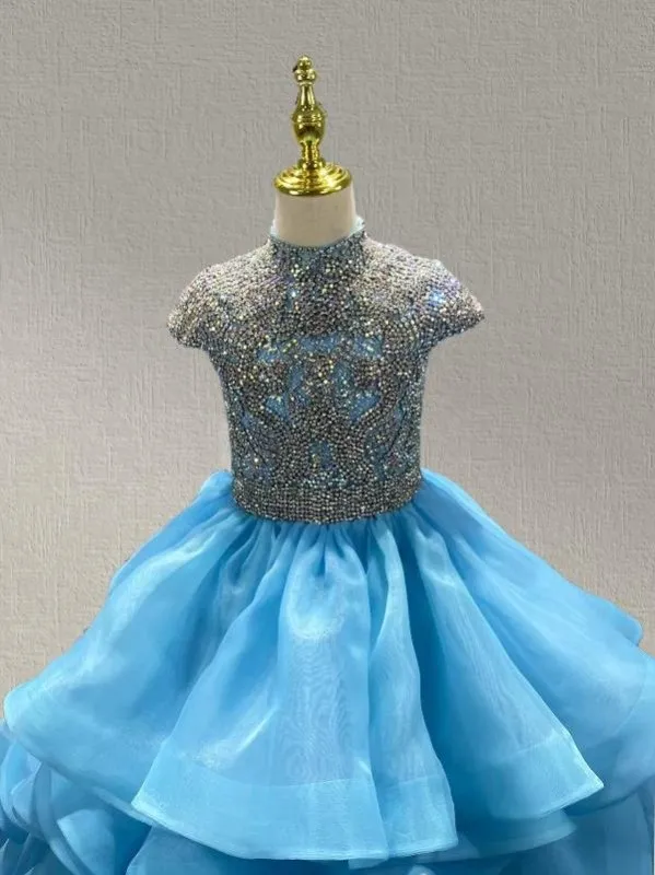 Ice Blue Little Girls Prom Couture with Beaded Bodice