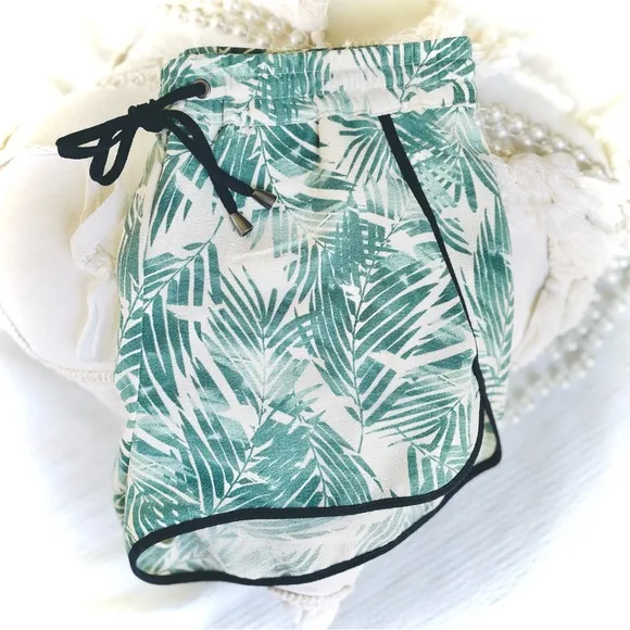 ICHI | S/M | Palm Fronds Black Piping Tropical Drawstring Light Mini Shorts