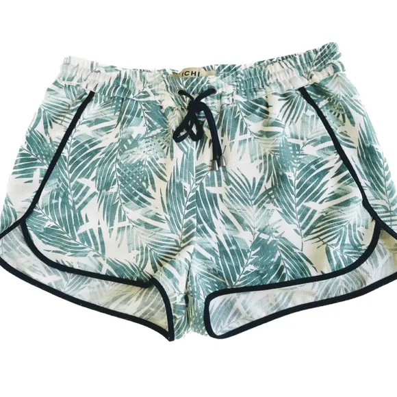 ICHI | S/M | Palm Fronds Black Piping Tropical Drawstring Light Mini Shorts