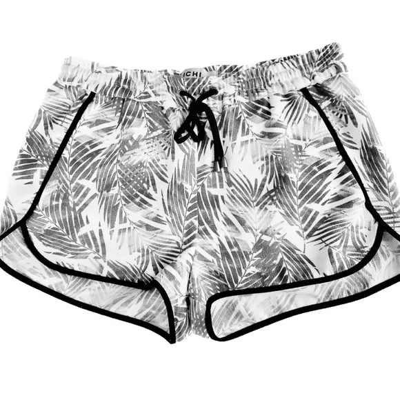 ICHI | S/M | Palm Fronds Black Piping Tropical Drawstring Light Mini Shorts