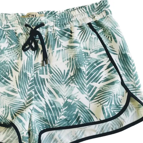 ICHI | S/M | Palm Fronds Black Piping Tropical Drawstring Light Mini Shorts