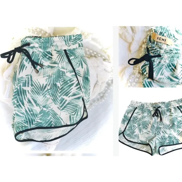 ICHI | S/M | Palm Fronds Black Piping Tropical Drawstring Light Mini Shorts