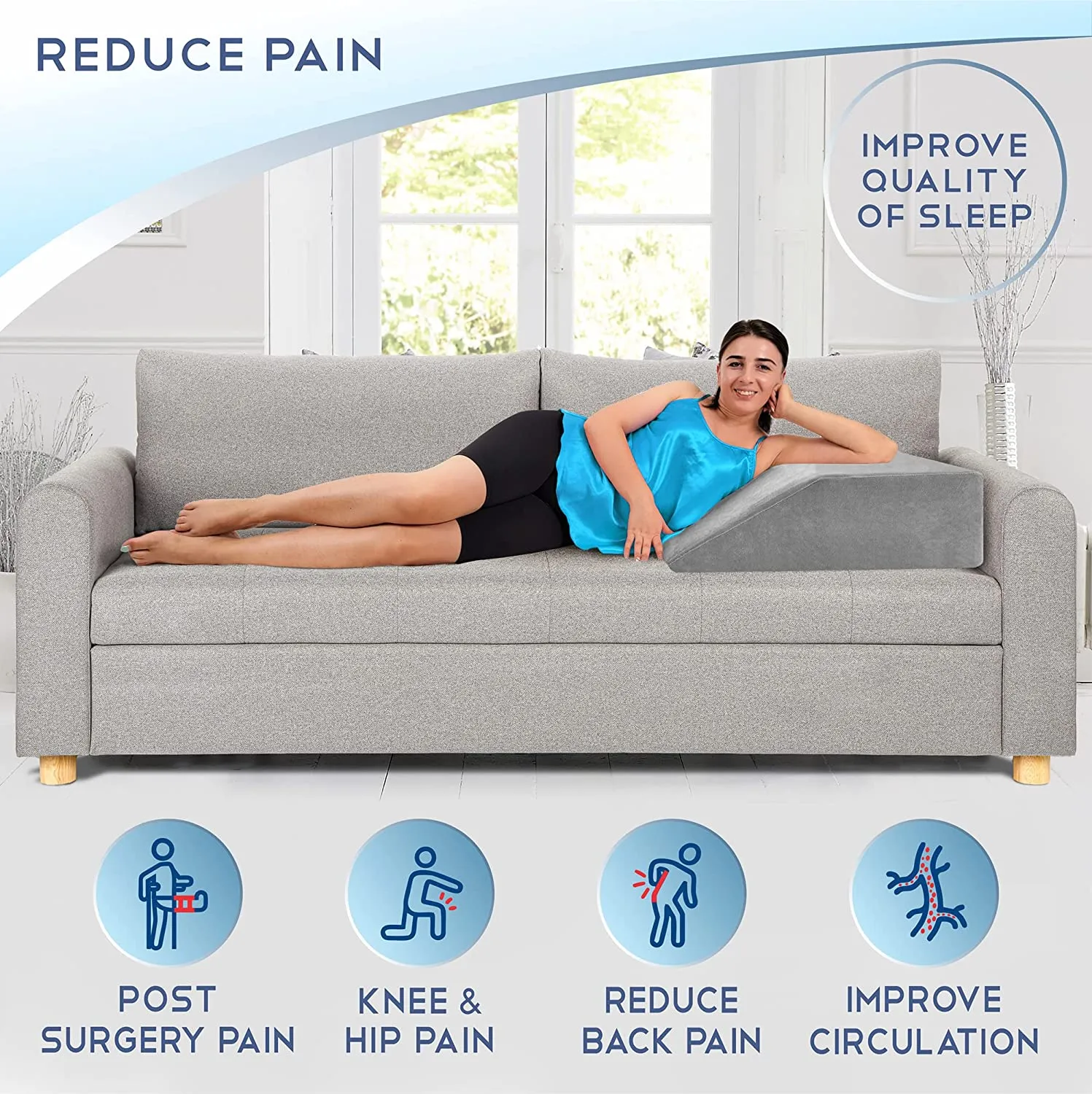 Leg Elevation Pillow with Memory Foam Top - Elevated Leg Rest Pillow for Circulation, Swelling, Knee Pain Relief - Wedge Pillow for Legs, Sleeping, Reading, Relaxing - Removable Washable Cover - 8inch