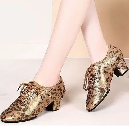 Leopard Latin Dance Shoes for Women Mid-heel Adult Soft-soled Jazz Waltz Tango Ballroom Performance Salsa Dancing Shoes