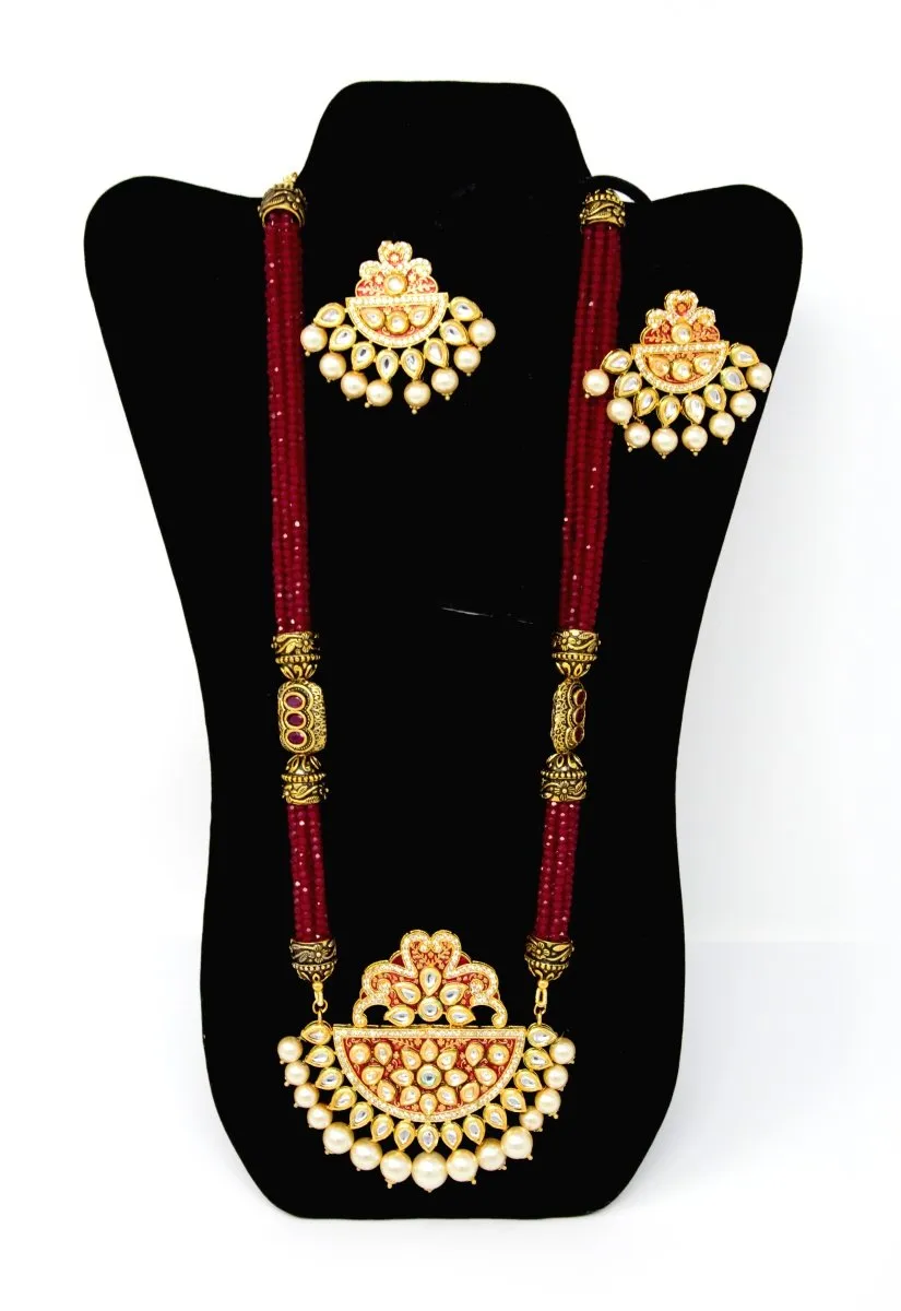 Maroon Layered Beads Gold Kundan Pendant Long Necklace With Pearl Drops