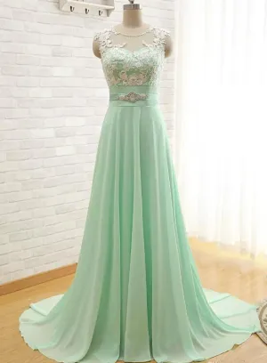 Mint Green Beautiful Round Neckline A-line Long Prom Dress, Prom Gowns