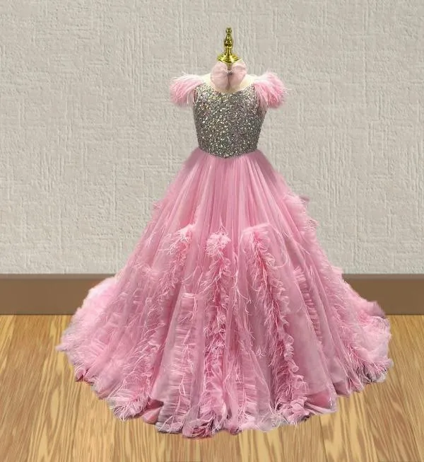 Miss Teens Pink Pageant Gown With Feather