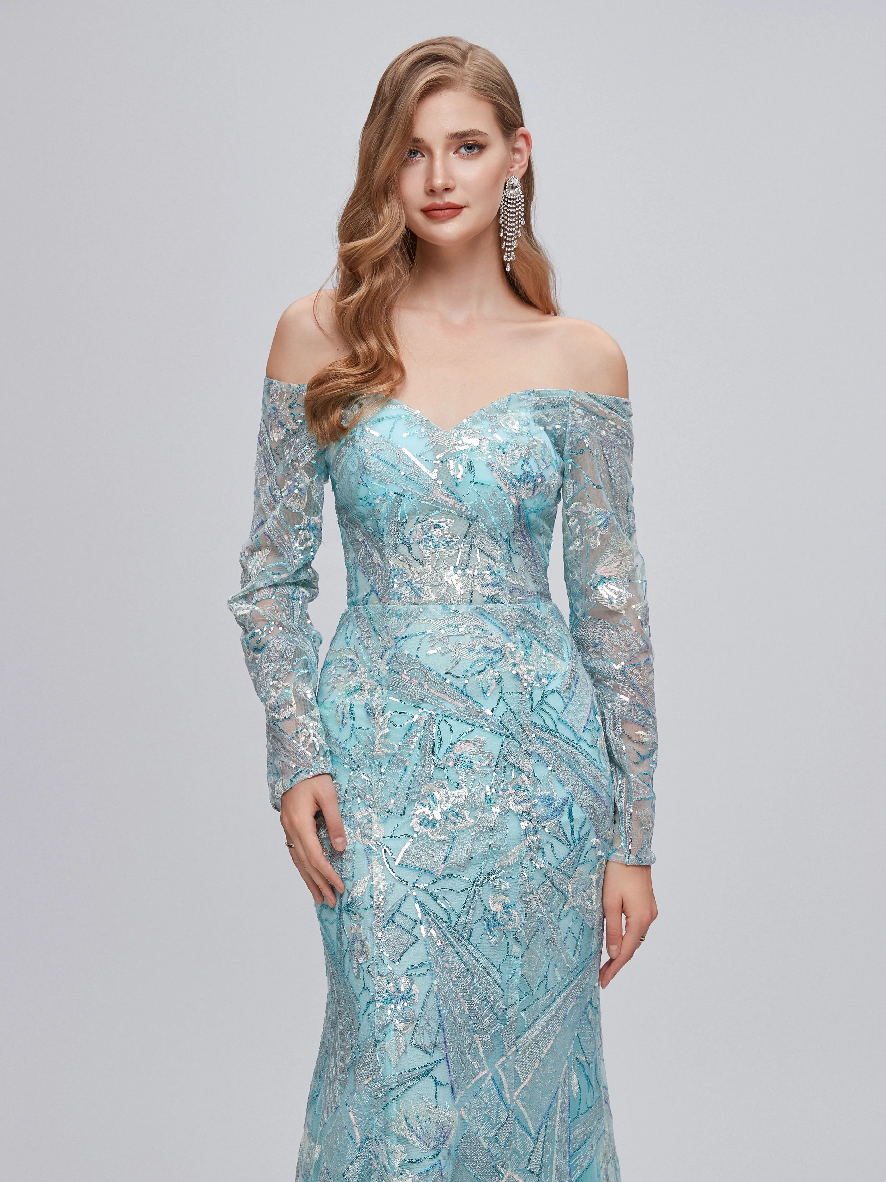 Modest Off-shoulder Ice-blue Long Sleeves Mermaid Long Lace Prom Dress, PD3571