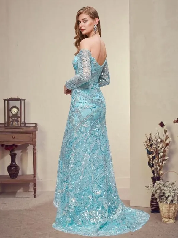 Modest Off-shoulder Ice-blue Long Sleeves Mermaid Long Lace Prom Dress, PD3571