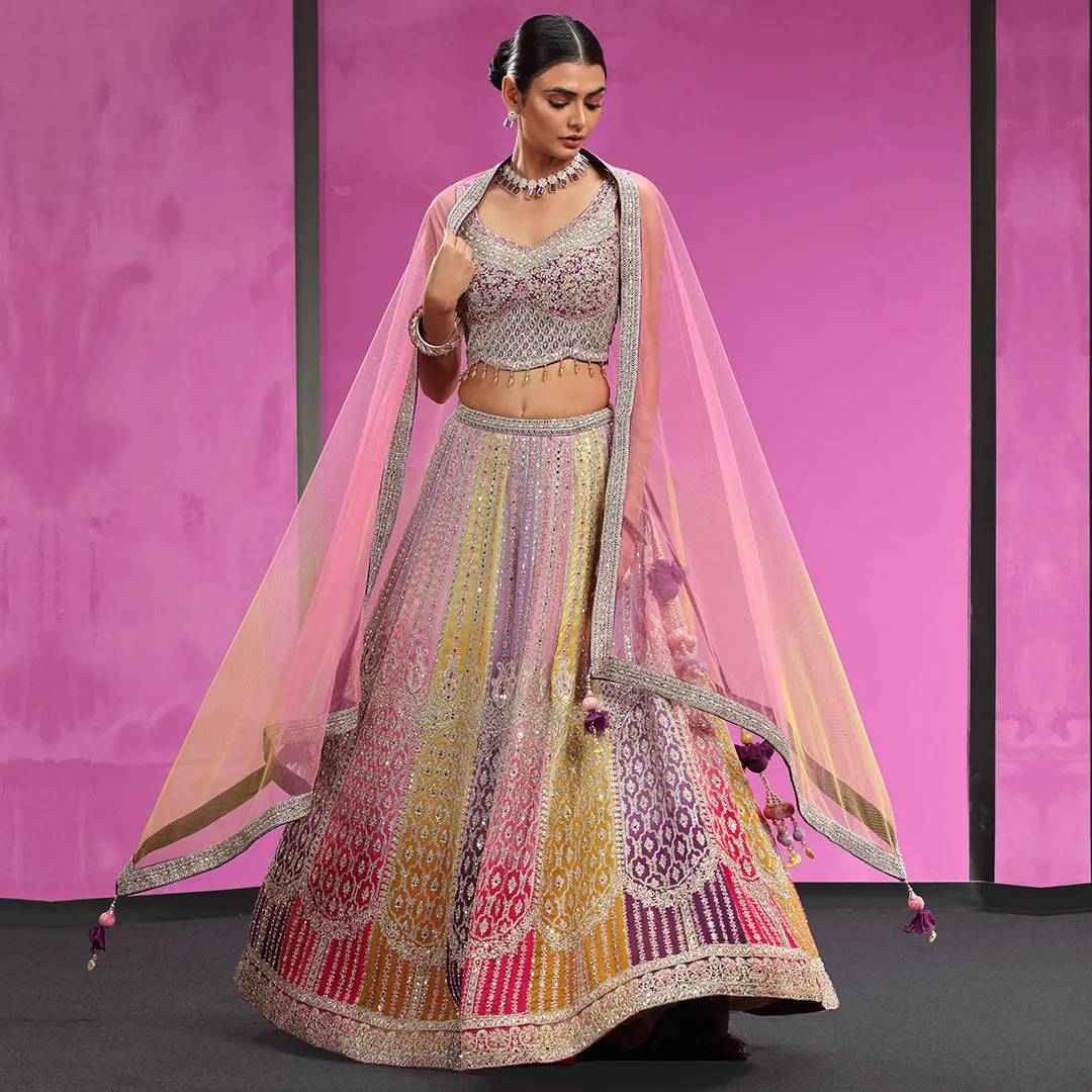 Multi-Colour Contrasted Thread Work Lehenga Set