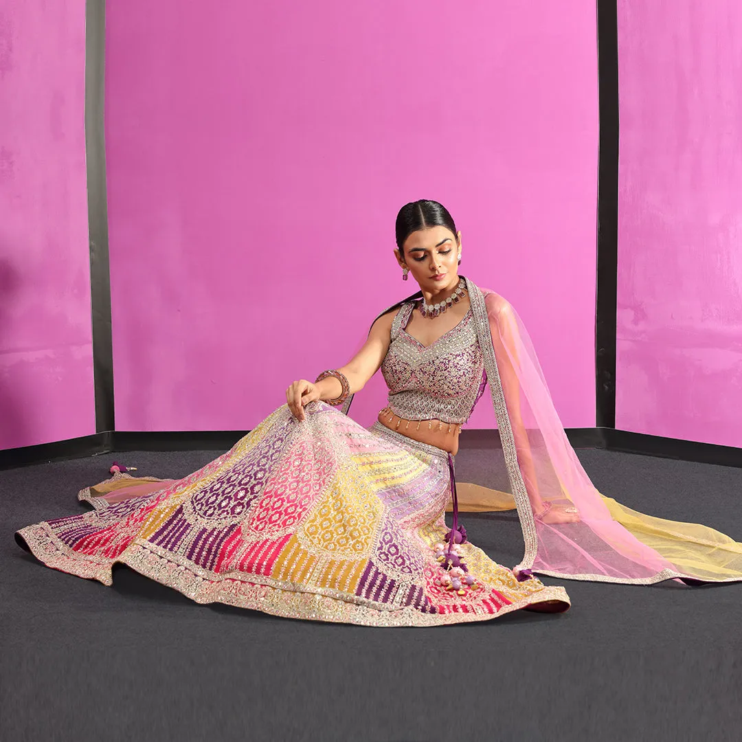 Multi-Colour Contrasted Thread Work Lehenga Set