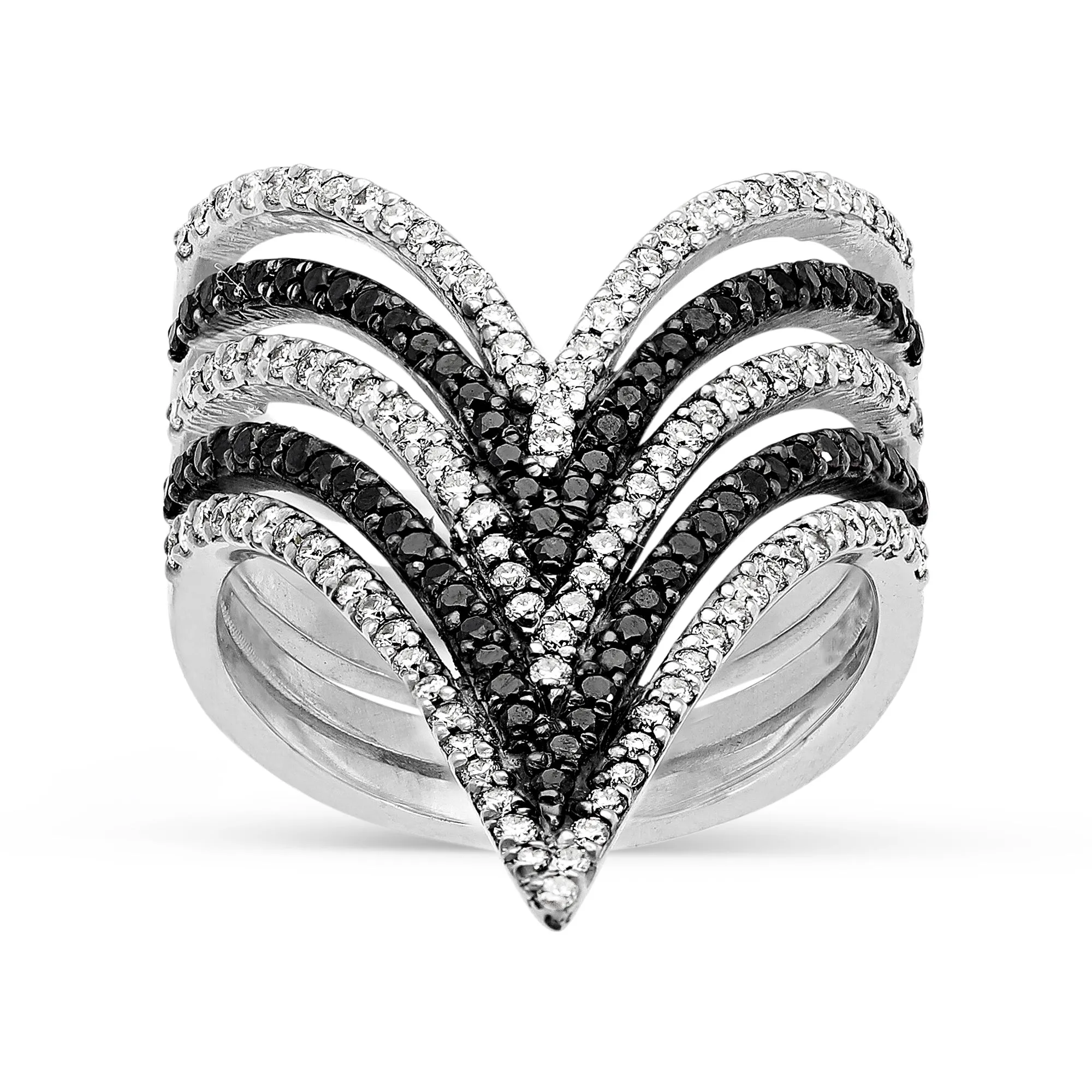 Multi Layer V Shape White and Black Diamonds Stacked Rings