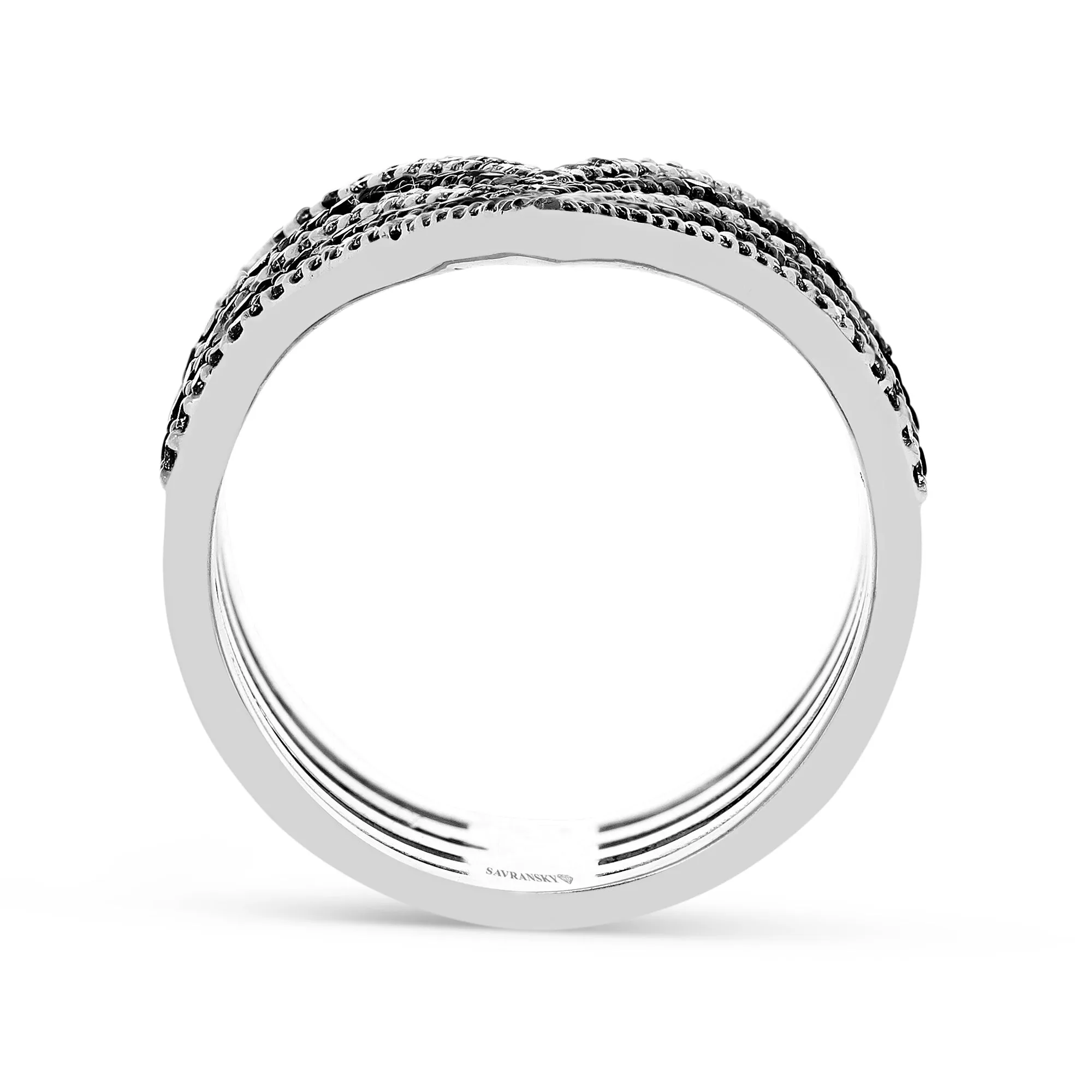 Multi Layer V Shape White and Black Diamonds Stacked Rings