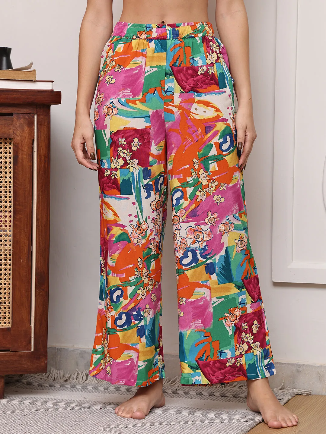 Multi Printed Viscose Rayon Mid-Rise Flared Lounge Pants