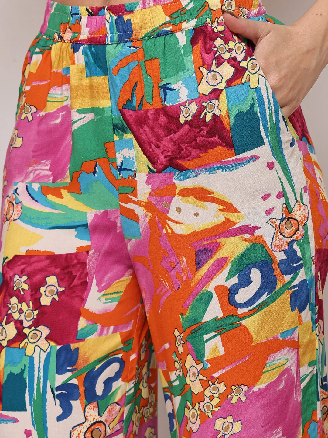Multi Printed Viscose Rayon Mid-Rise Flared Lounge Pants