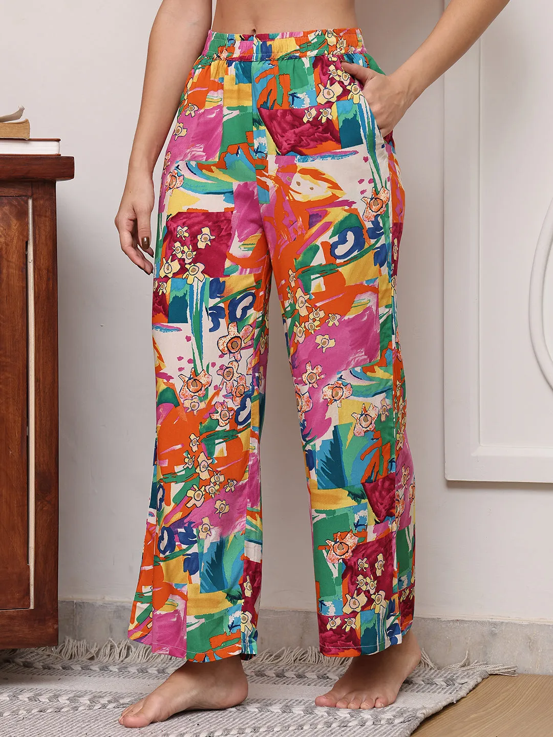 Multi Printed Viscose Rayon Mid-Rise Flared Lounge Pants