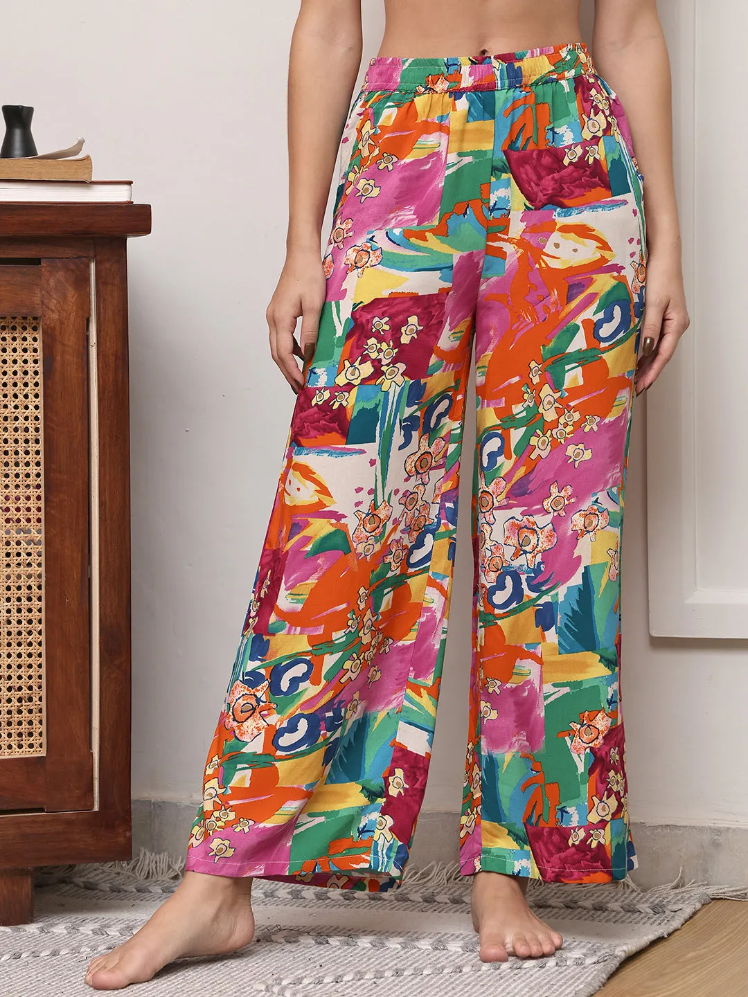 Multi Printed Viscose Rayon Mid-Rise Flared Lounge Pants
