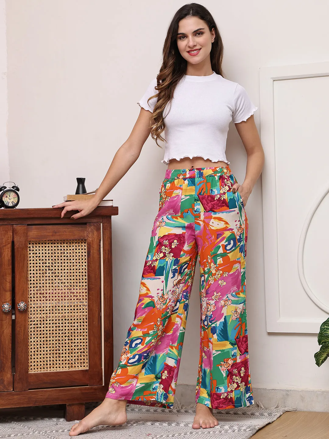 Multi Printed Viscose Rayon Mid-Rise Flared Lounge Pants