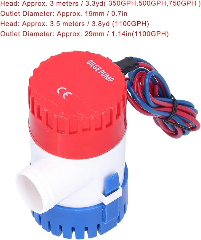 New 12V 350 GPH Bilge Pump, Low Noise Bilge Pump, Semi‑Automatic Switch Electric Small Submersible Pump for Drain Provide Power(12V-350GPH), Submersible Pump