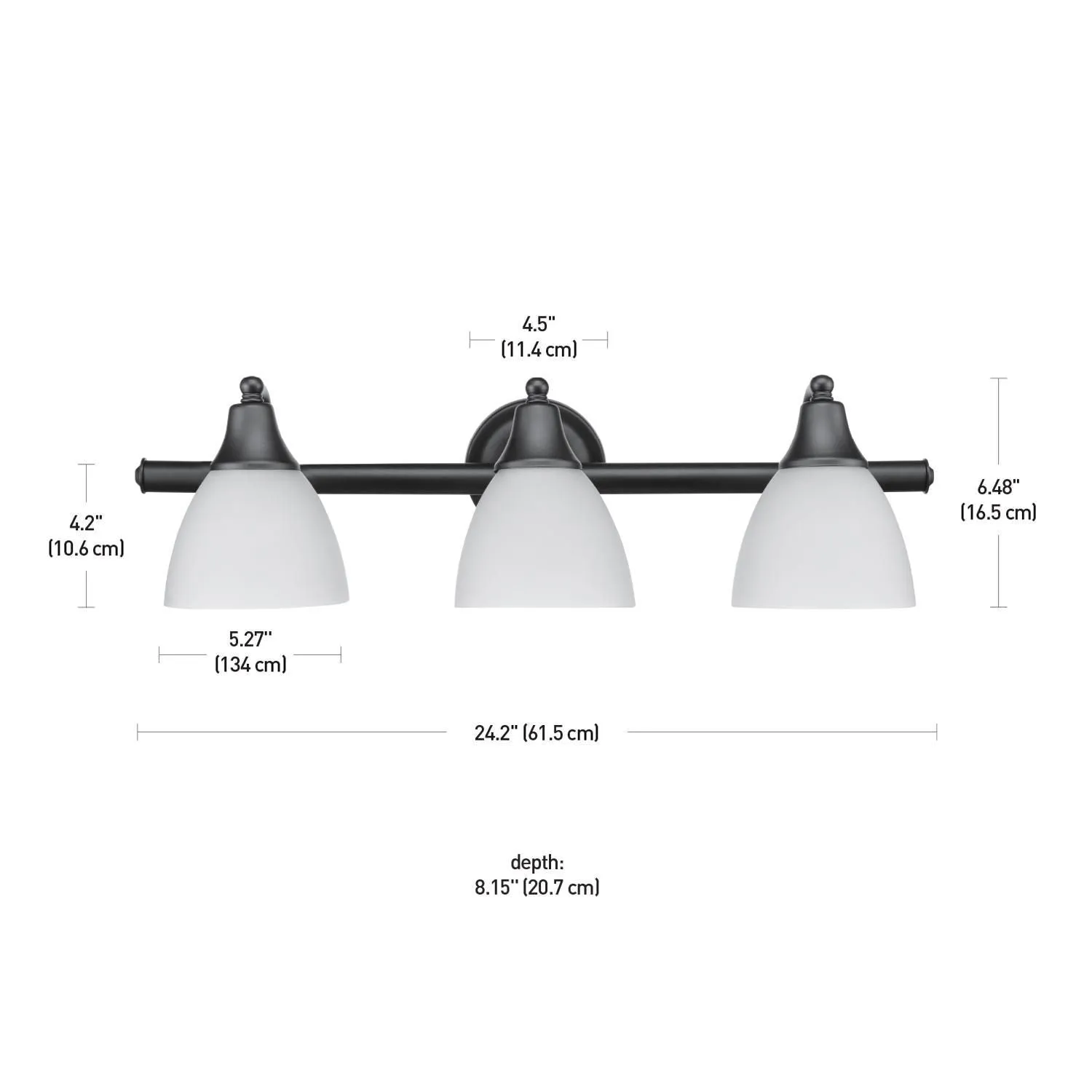 New Globe Electric Jayden 3-Light Metal Vanity Light, Dark Bronze, Frosted Glass Shades
