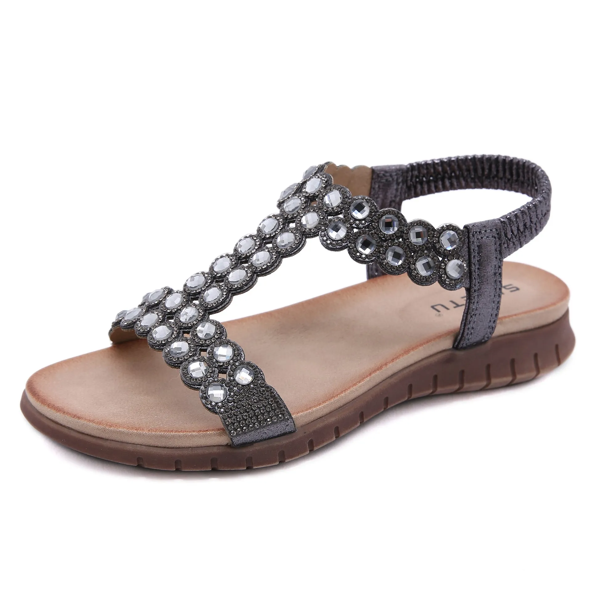 New Retro Sandals Women's Beaded Rhinestone Buckle Two-Tone Sole Women's Shoes