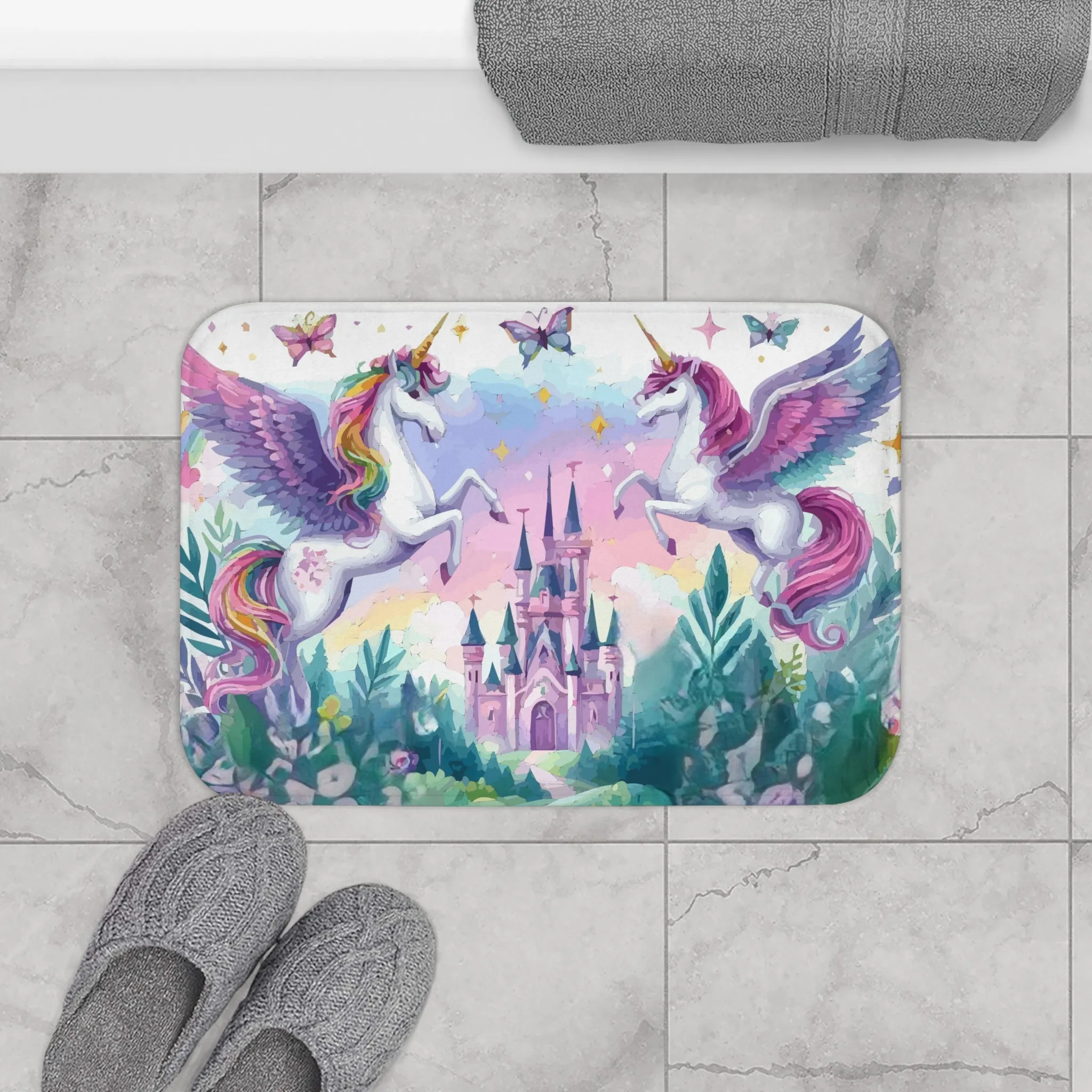 Purple Flying Unicorns Around a Luxurious Castle Bath Mat