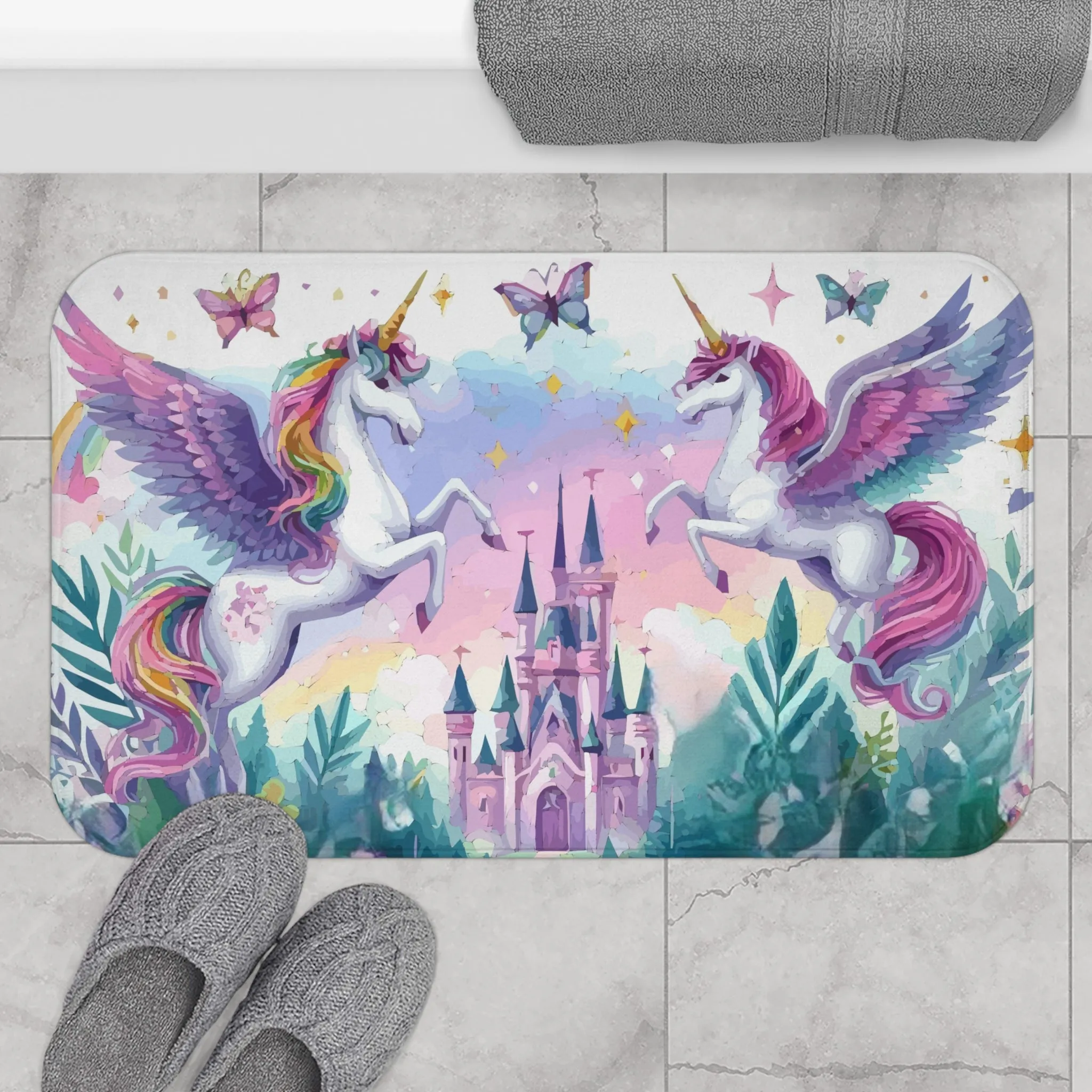 Purple Flying Unicorns Around a Luxurious Castle Bath Mat