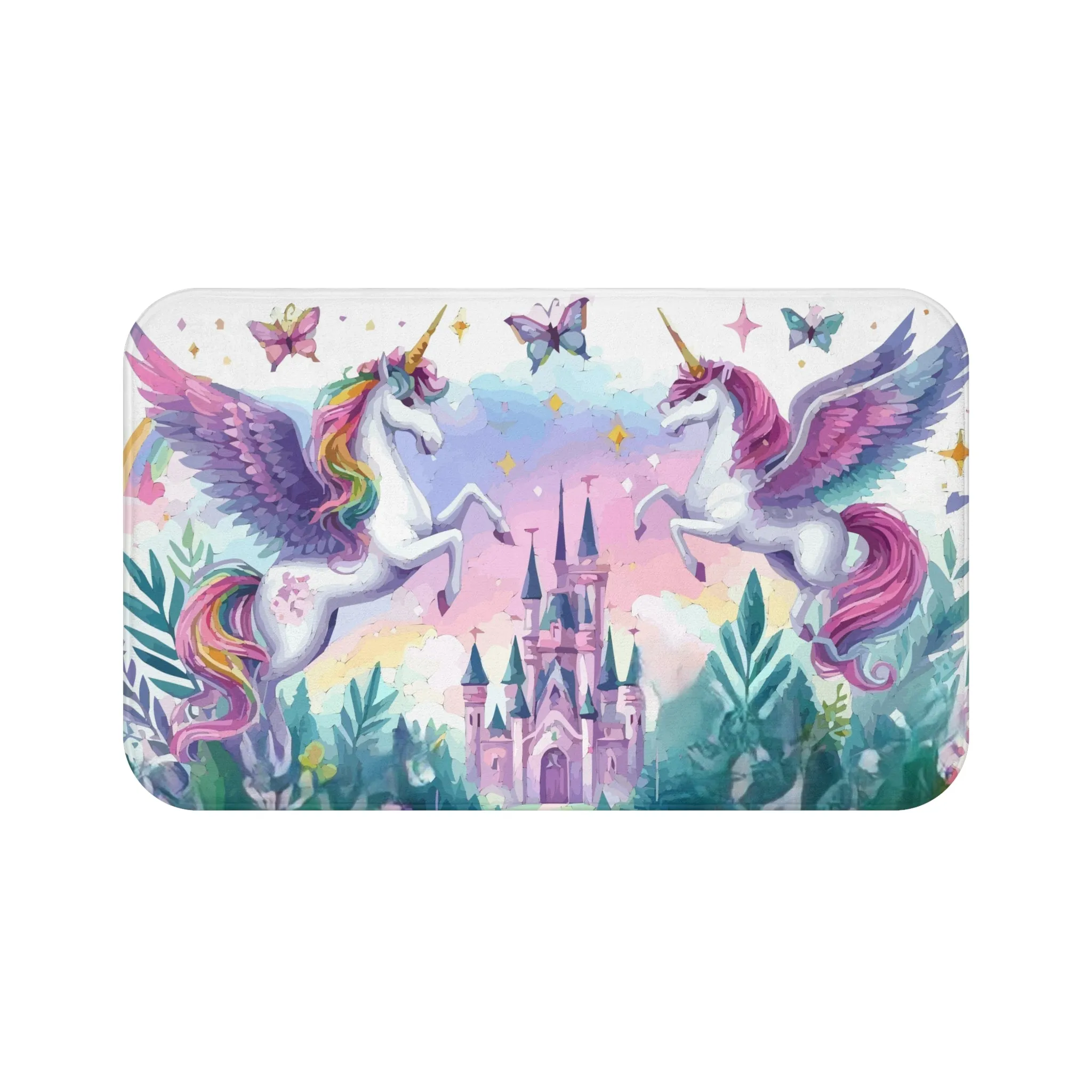 Purple Flying Unicorns Around a Luxurious Castle Bath Mat