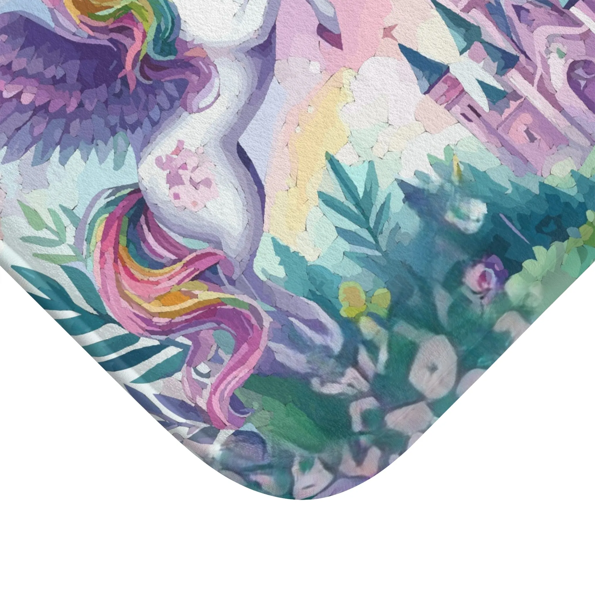 Purple Flying Unicorns Around a Luxurious Castle Bath Mat