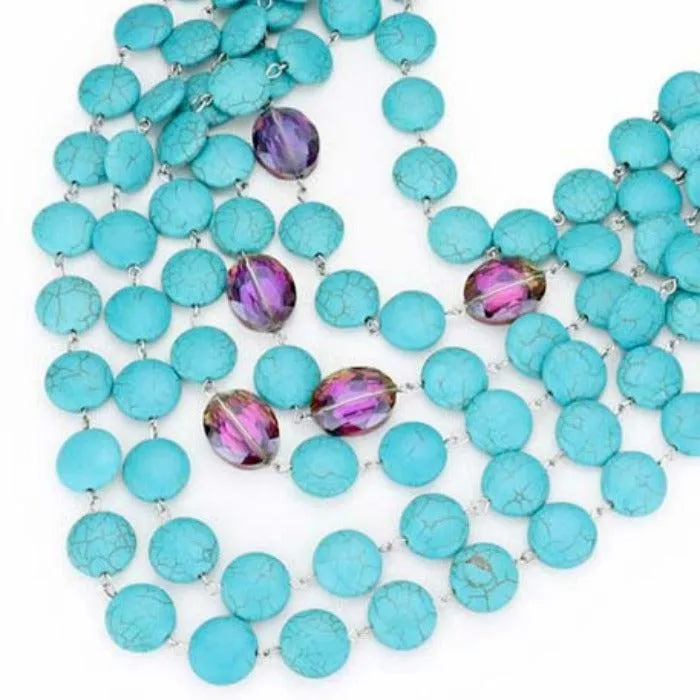 Round Blue Natural Stone Multi Layered Bib Necklace