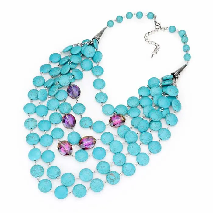 Round Blue Natural Stone Multi Layered Bib Necklace