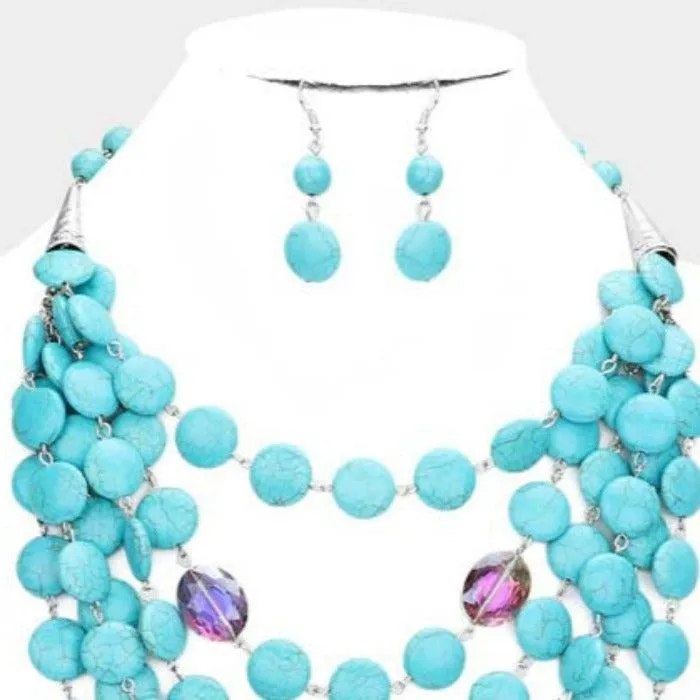 Round Blue Natural Stone Multi Layered Bib Necklace