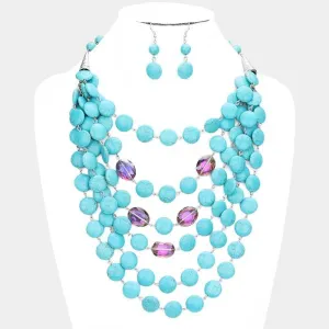 Round Blue Natural Stone Multi Layered Bib Necklace