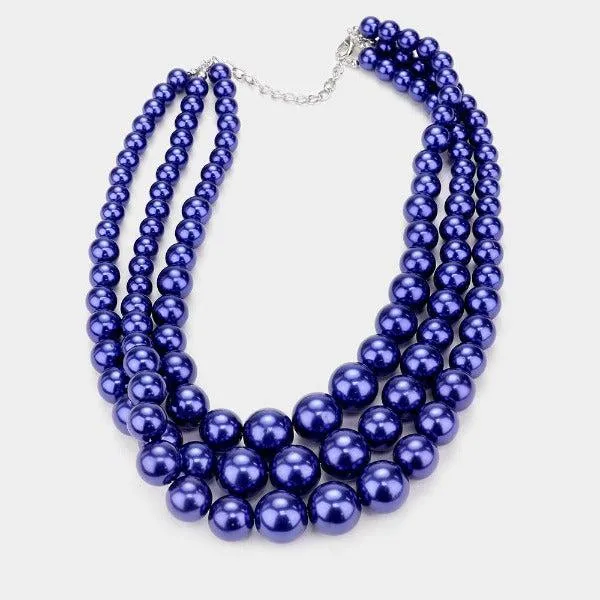 Royal Blue Pearl (faux)Triple Strand Silver Necklace & Earring Set